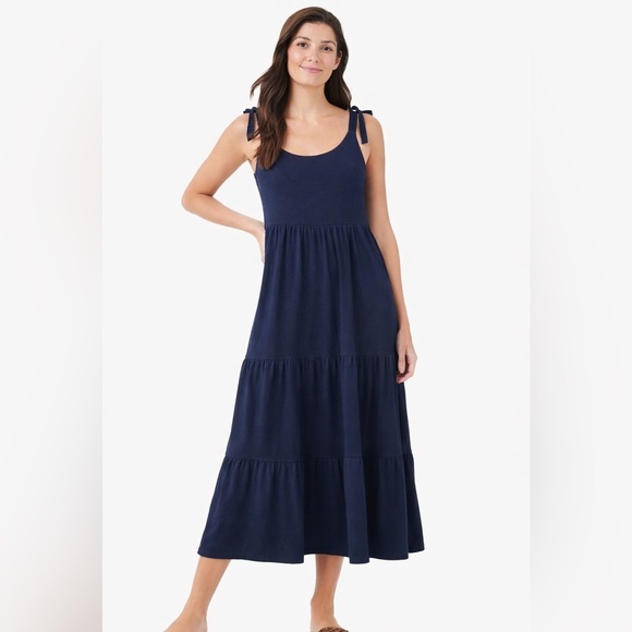 Anthropologie Dresses & Skirts - Green envelope shoulder tie bow sleeveless blue tiered drop dress size medium